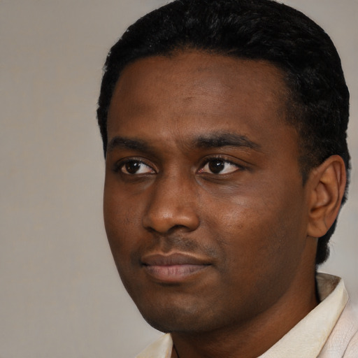 Neutral black young-adult male with short  black hair and brown eyes