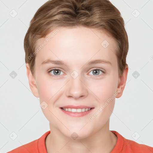 Joyful white young-adult female with short  brown hair and grey eyes