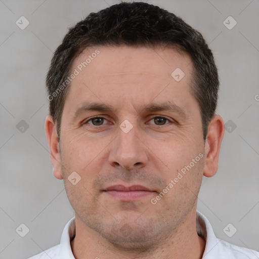 Neutral white adult male with short  brown hair and brown eyes