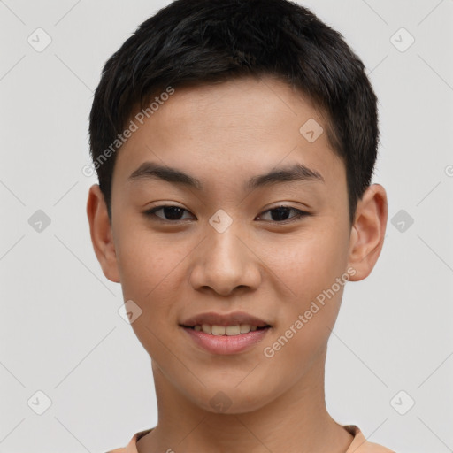 Joyful asian young-adult female with short  brown hair and brown eyes