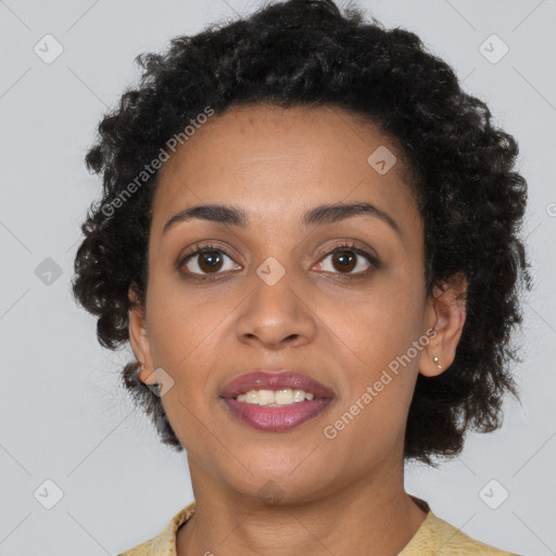 Joyful latino young-adult female with short  brown hair and brown eyes