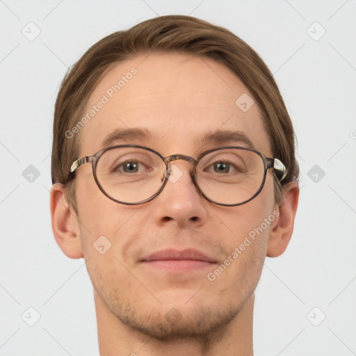 Joyful white adult male with short  brown hair and grey eyes