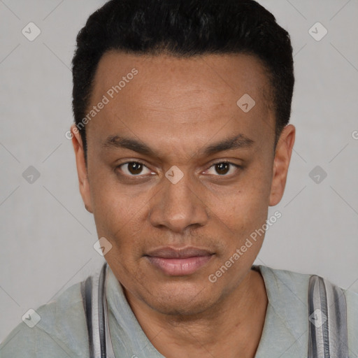 Neutral latino young-adult male with short  black hair and brown eyes