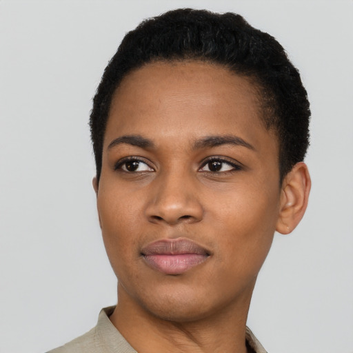 Neutral black young-adult female with short  black hair and brown eyes