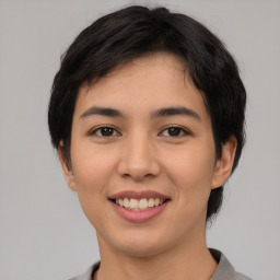 Joyful asian young-adult female with short  brown hair and brown eyes