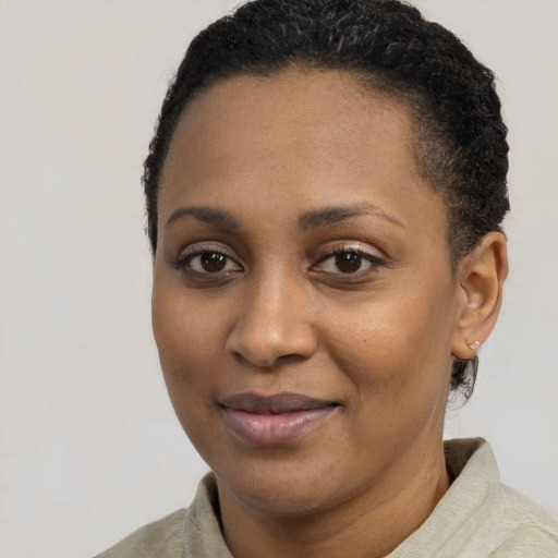 Joyful black young-adult female with short  black hair and brown eyes