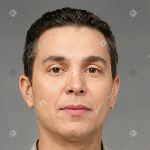 Neutral white adult male with short  brown hair and brown eyes