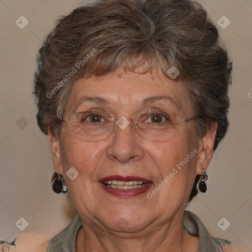 Joyful white middle-aged female with short  brown hair and brown eyes