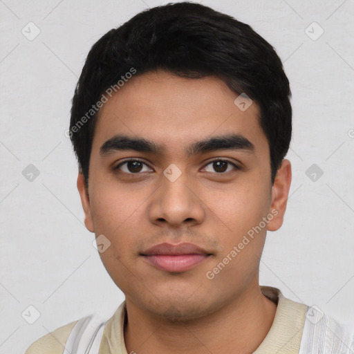Neutral latino young-adult male with short  black hair and brown eyes