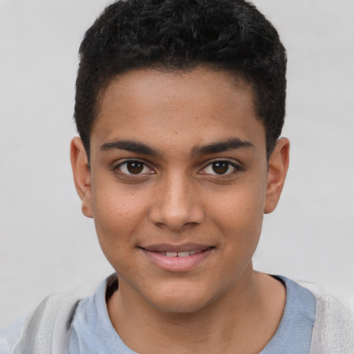 Joyful latino young-adult male with short  brown hair and brown eyes