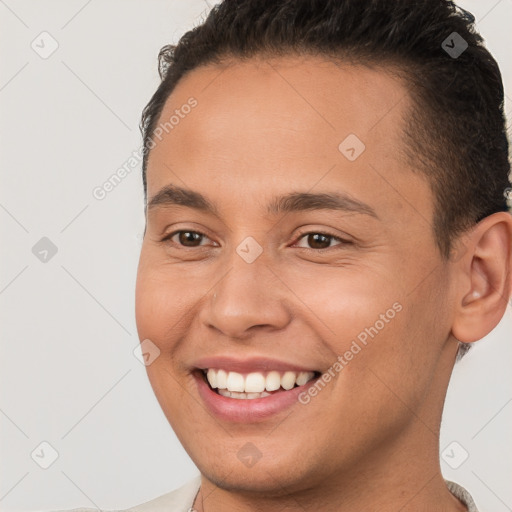 Joyful white young-adult female with short  brown hair and brown eyes