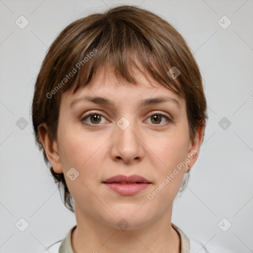 Neutral white young-adult female with medium  brown hair and grey eyes