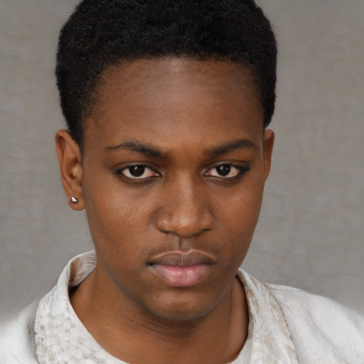 Neutral black young-adult female with short  black hair and brown eyes
