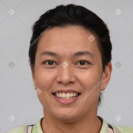 Joyful white adult female with short  brown hair and brown eyes