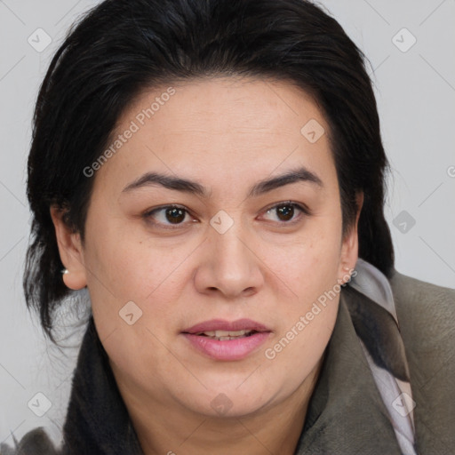 Joyful white adult female with medium  brown hair and brown eyes