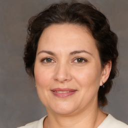 Joyful white adult female with medium  brown hair and brown eyes