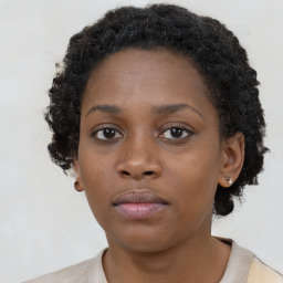 Neutral black young-adult female with short  brown hair and brown eyes