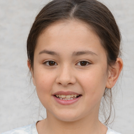 Joyful white child female with medium  brown hair and brown eyes