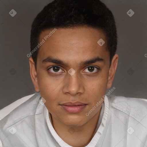 Joyful black young-adult male with short  brown hair and brown eyes