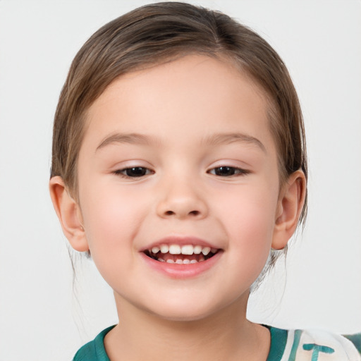 Joyful white child female with medium  brown hair and brown eyes