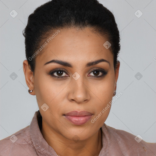 Joyful latino young-adult female with short  brown hair and brown eyes