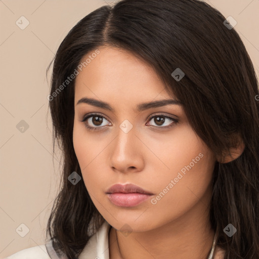 Neutral white young-adult female with long  brown hair and brown eyes