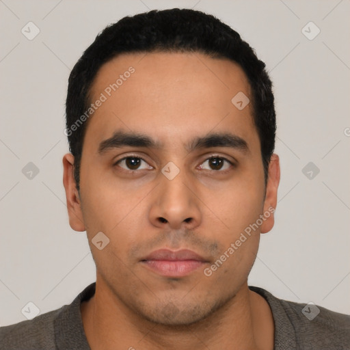 Neutral latino young-adult male with short  black hair and brown eyes