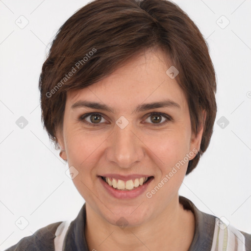 Joyful white young-adult female with short  brown hair and grey eyes