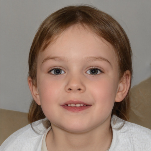 Joyful white child female with medium  brown hair and blue eyes