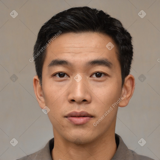 Neutral asian young-adult male with short  black hair and brown eyes