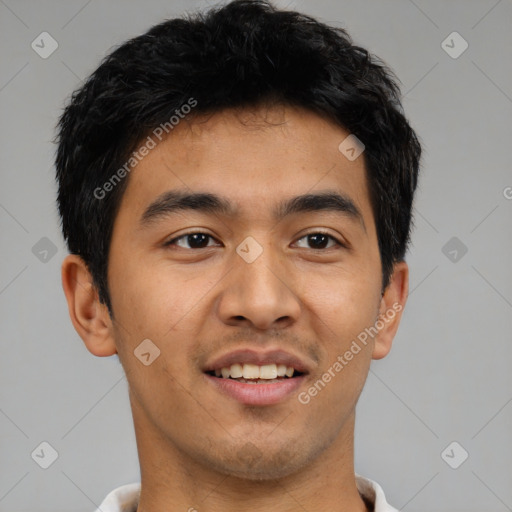 Joyful latino young-adult male with short  brown hair and brown eyes