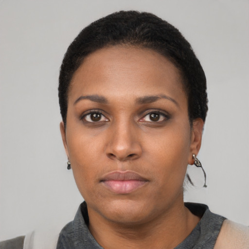Neutral black young-adult female with short  black hair and brown eyes