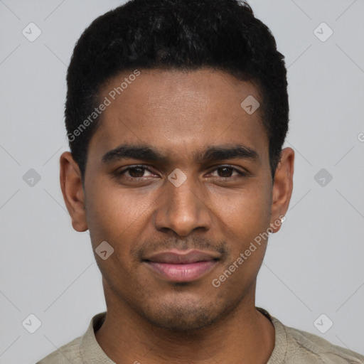 Joyful black young-adult male with short  black hair and brown eyes