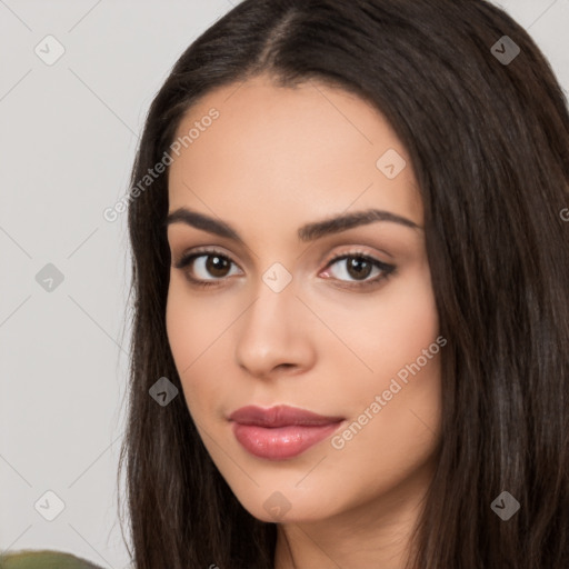 Neutral latino young-adult female with long  brown hair and brown eyes