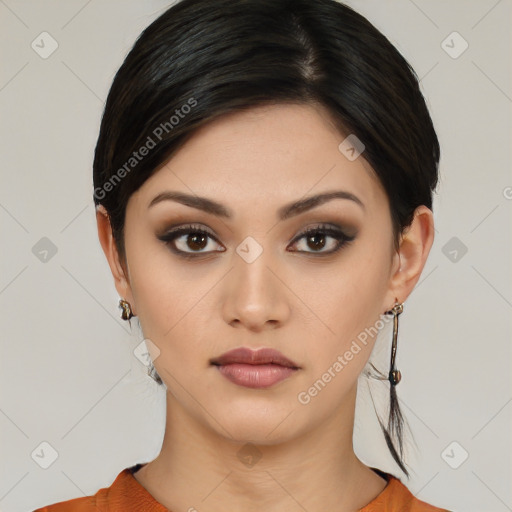 Neutral asian young-adult female with medium  black hair and brown eyes