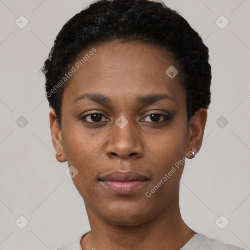 Neutral black young-adult female with short  black hair and brown eyes