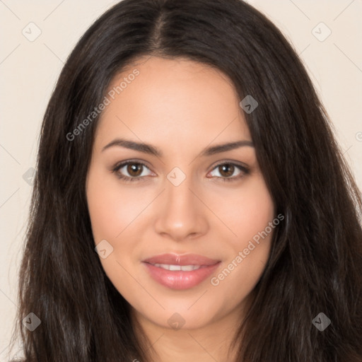 Joyful latino young-adult female with long  brown hair and brown eyes