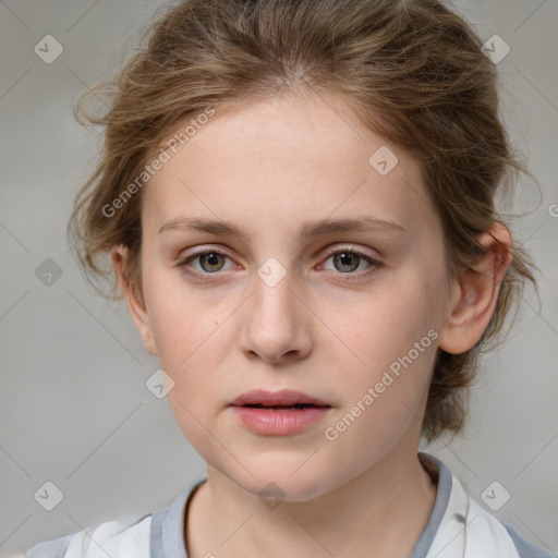 Neutral white child female with medium  brown hair and grey eyes