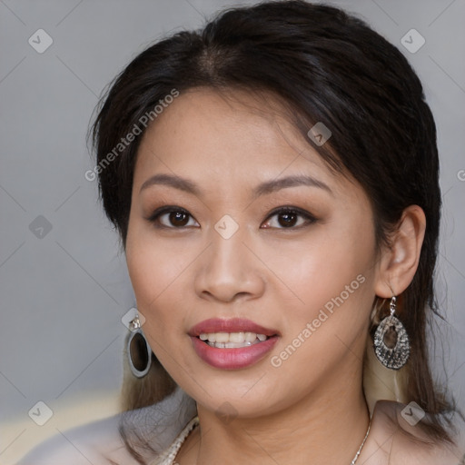 Joyful white young-adult female with medium  brown hair and brown eyes