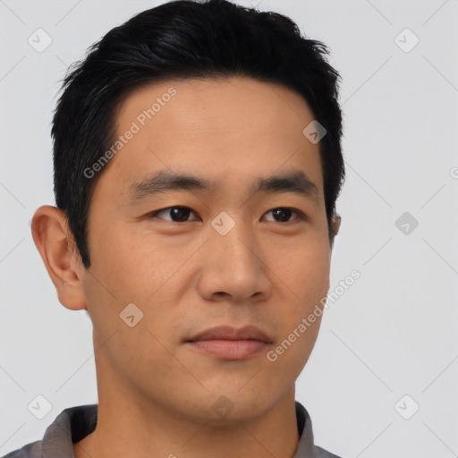 Neutral asian young-adult male with short  black hair and brown eyes