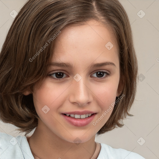 Joyful white child female with medium  brown hair and brown eyes