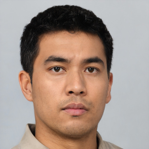 Neutral asian young-adult male with short  black hair and brown eyes