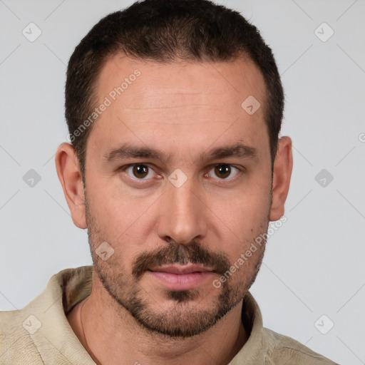 Neutral white young-adult male with short  brown hair and brown eyes