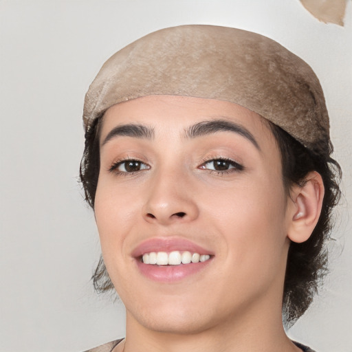 Joyful white young-adult female with medium  black hair and brown eyes