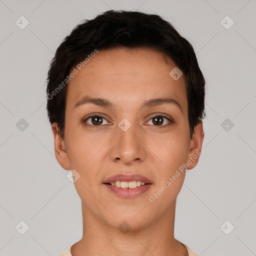 Joyful white young-adult female with short  brown hair and brown eyes