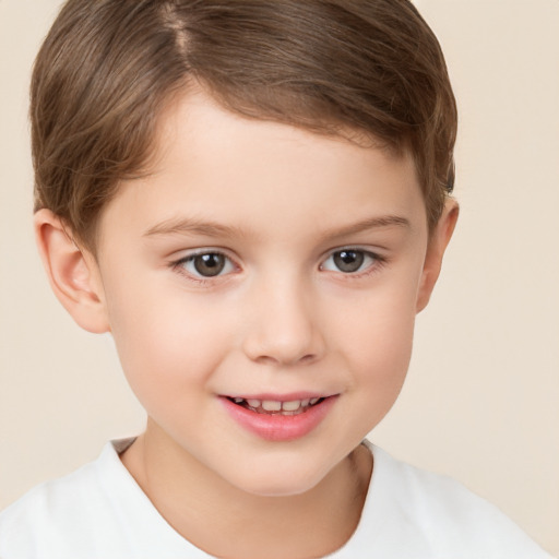 Joyful white child female with short  brown hair and brown eyes