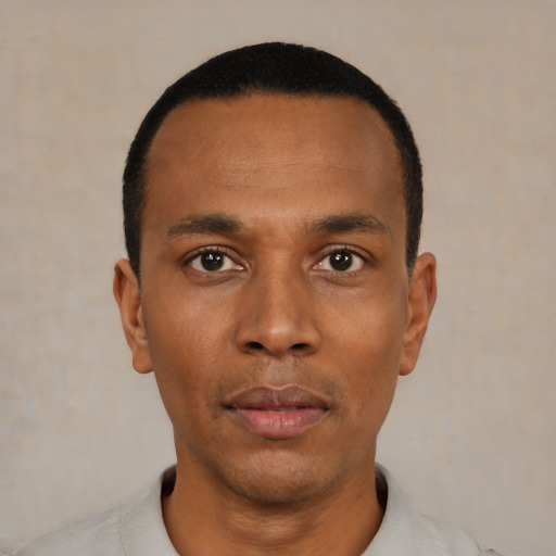 Neutral black young-adult male with short  black hair and brown eyes