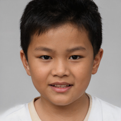 Joyful asian child male with short  brown hair and brown eyes