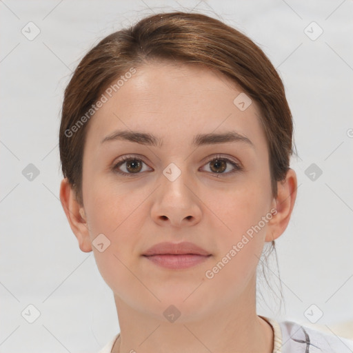 Neutral white young-adult female with short  brown hair and brown eyes