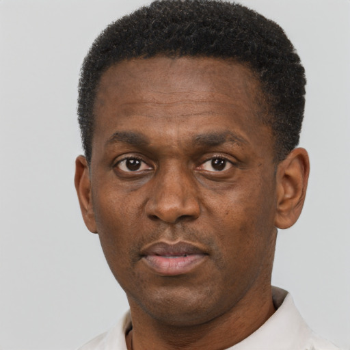 Neutral black adult male with short  black hair and brown eyes